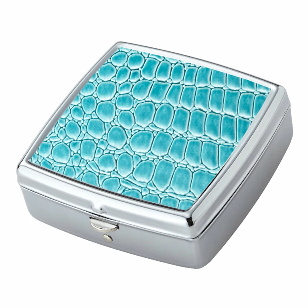 Bewild Pill Cases Teal Croc Pattern Iron Chrome Plated Square Shaped 2 Compartment Pill Box 3 Bewild Pill Cases Teal Croc Pattern Iron Chrome Plated Square Shaped 2 Compartment Pill Box