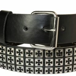 Bewild Belts Three Row Studded Iron Cross Leather Belt