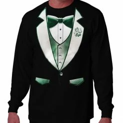 Bewild Tuxedo Shirts - 4 Leaf Clover Lapel Men's Tuxedo Long Sleeve T-Shirt