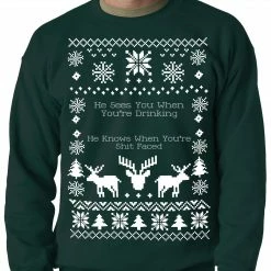 Bewild Ugly Christmas Sweater He Sees You When You're Shit Faced Adult Crewneck