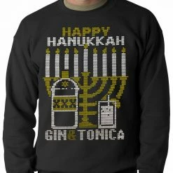Bewild Ugly Hanukkah Sweater - Gin And Tonica Golden Menorah Ugly Hanukkah Adult Crewneck