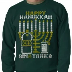 Bewild Ugly Hanukkah Sweater - Gin And Tonica Golden Menorah Ugly Hanukkah Adult Crewneck