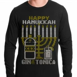 Bewild Ugly Hanukkah Thermal - Gin And Tonica Golden Menorah Ugly Hanukkah Thermal Shirt Holiday Prints